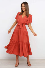 Tied Tiered Short Sleeve Midi Dress