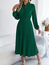 Smocked Pleated Tie Neck Dress