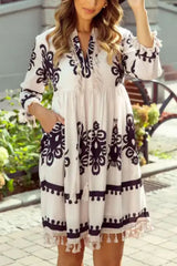 Tassel Hem 3/4 Sleeve Mini Dress