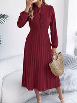 Smocked Pleated Tie Neck Dress