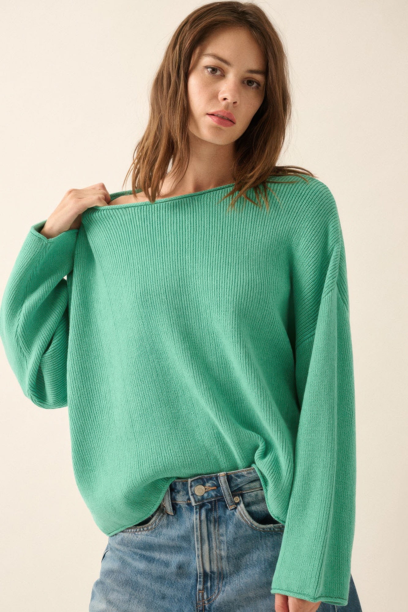 #Solid Rib-knit Oversized Boatneck Sweater