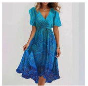 Chiffon Printed Short Sleeve Dress Summer Elegant V-neck Dresses Womens Clothing